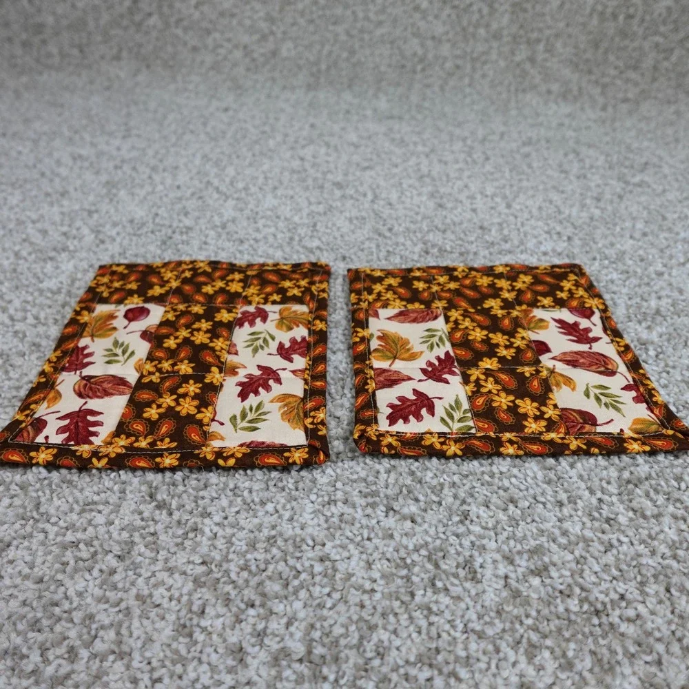 Handmade Quilted Leaf Mug Rugs Set of 2 Brown Fall Floral Cotton Coasters 6x7